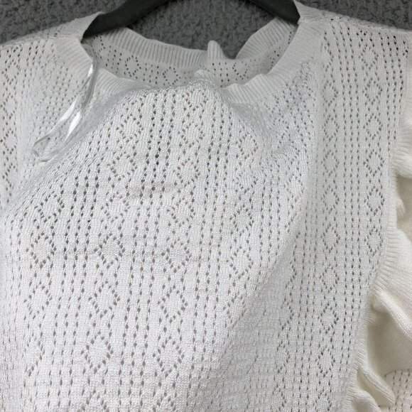 NWOT Lightweight Sweater Womens Medium M White Pointelle Knit Ruffle Front - Picture 7 of 9
